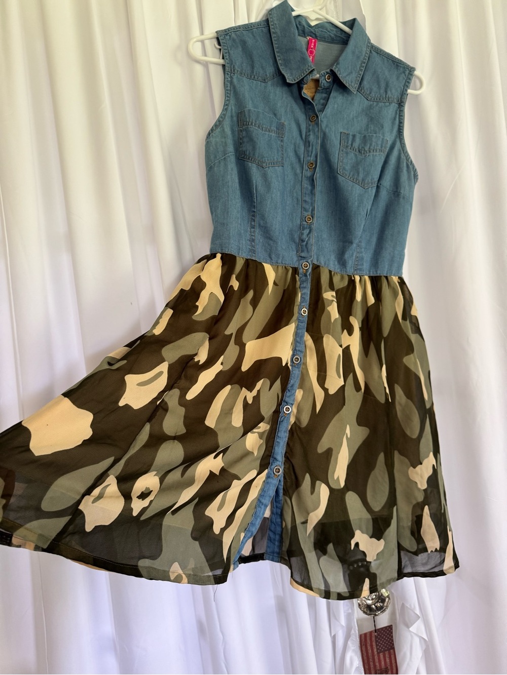 Pink Apple Denim Top Camo Women’s Dress - Blue and Green
